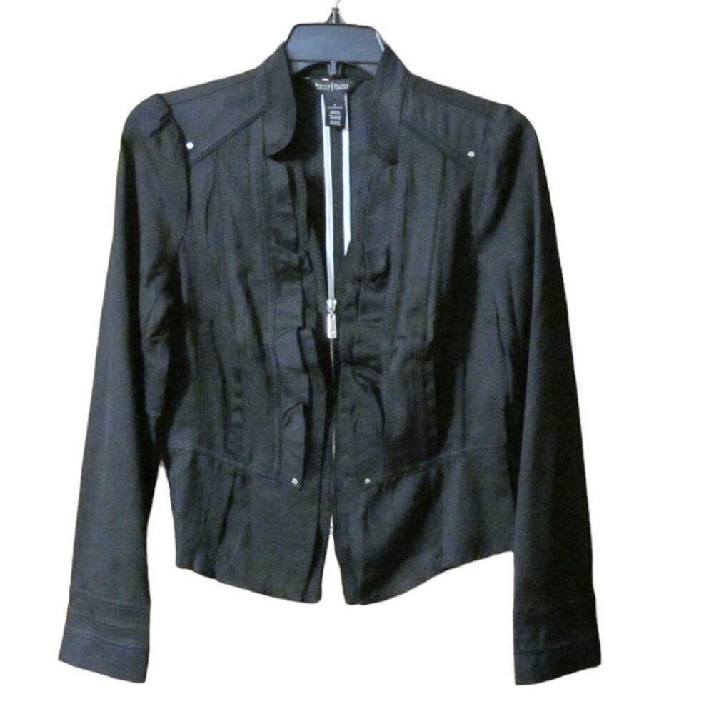 White House Black Market Ruffle Front Silver Tone Black Jacket - Size 4